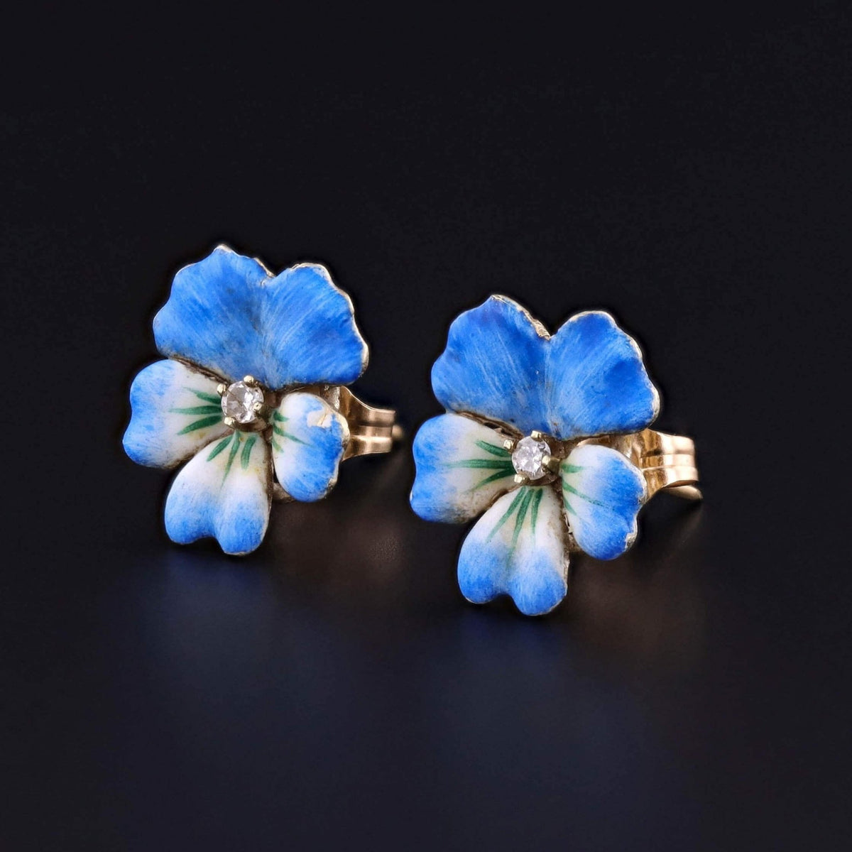 Vintage Blue Enamel Pansy Earrings of 14k Gold - Trademark Antiques
