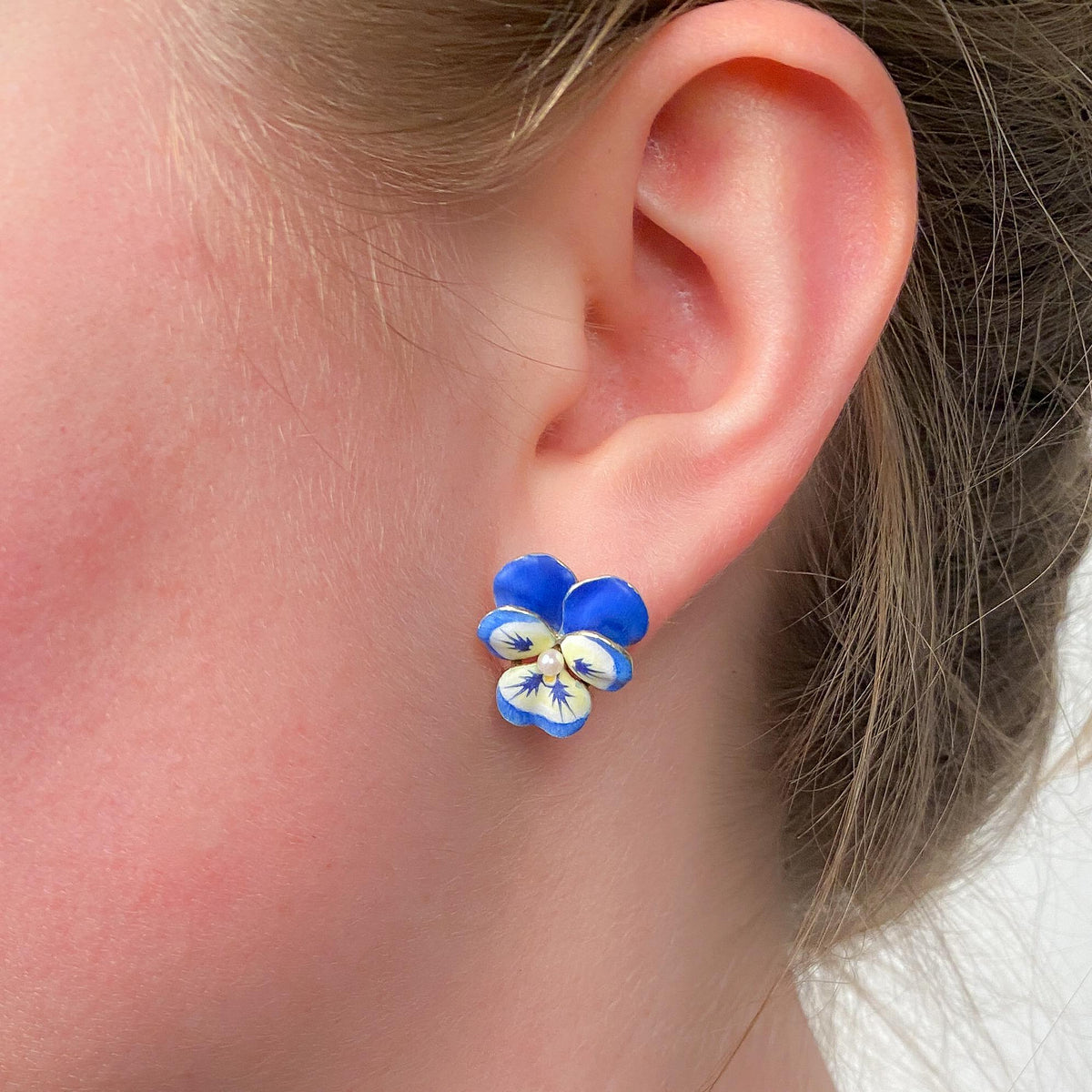Vintage Blue Enamel Pansy Earrings of 14k Gold - Trademark Antiques