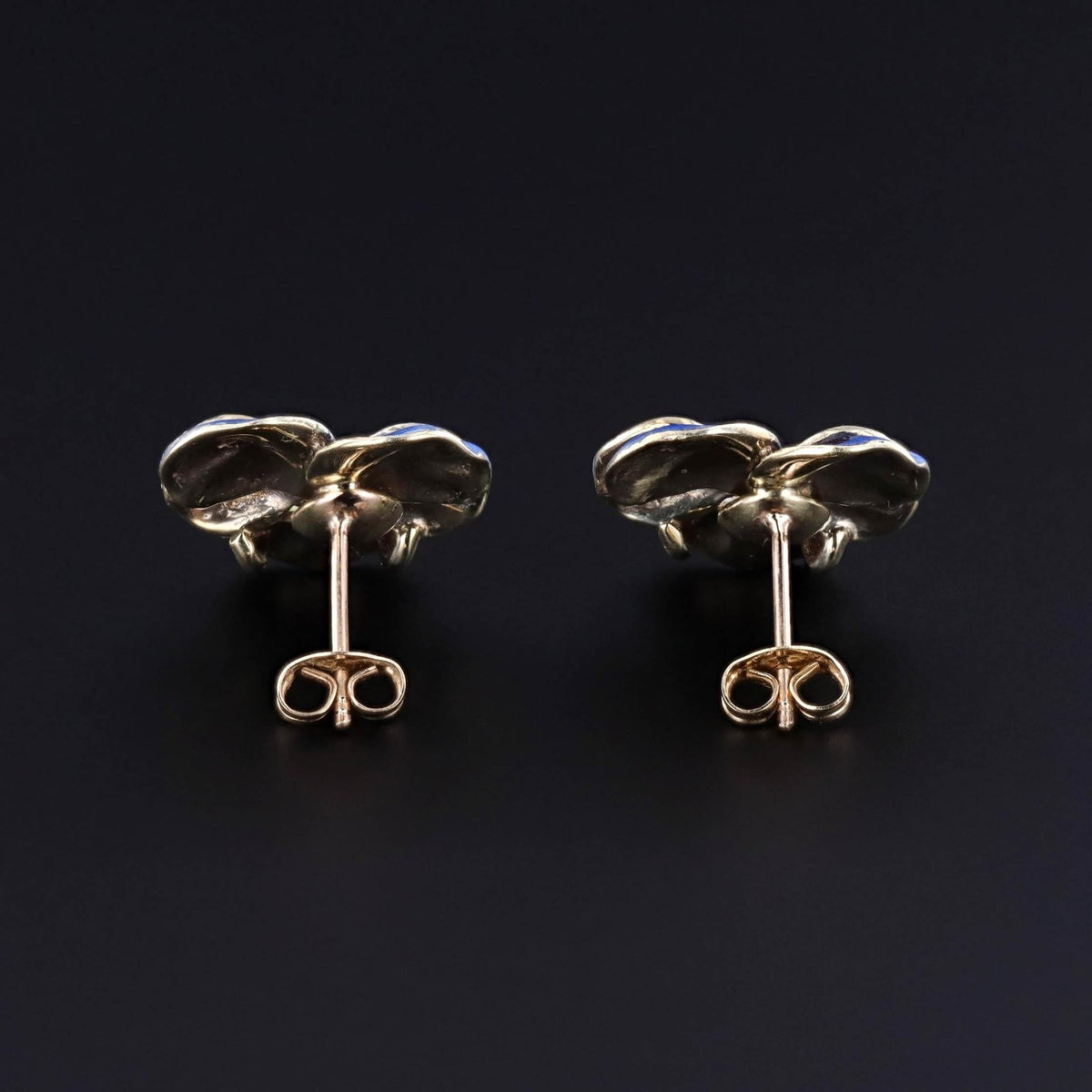Vintage Blue Enamel Pansy Earrings of 14k Gold - Trademark Antiques
