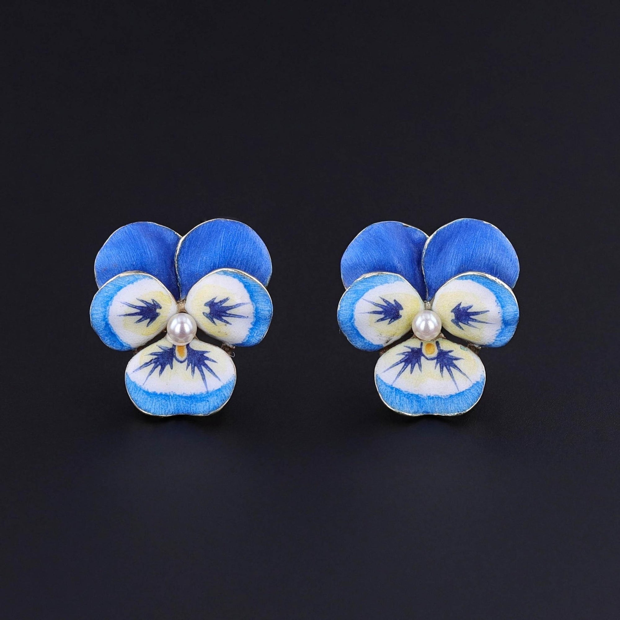 Vintage Blue Enamel Pansy Earrings of 14k Gold - Trademark Antiques