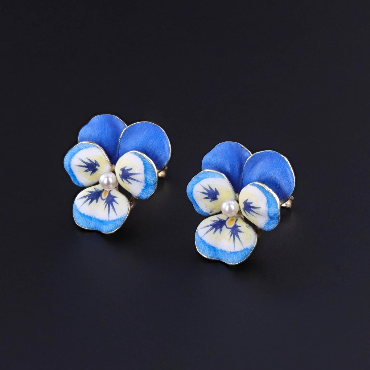Vintage Blue Enamel Pansy Earrings of 14k Gold - Trademark Antiques