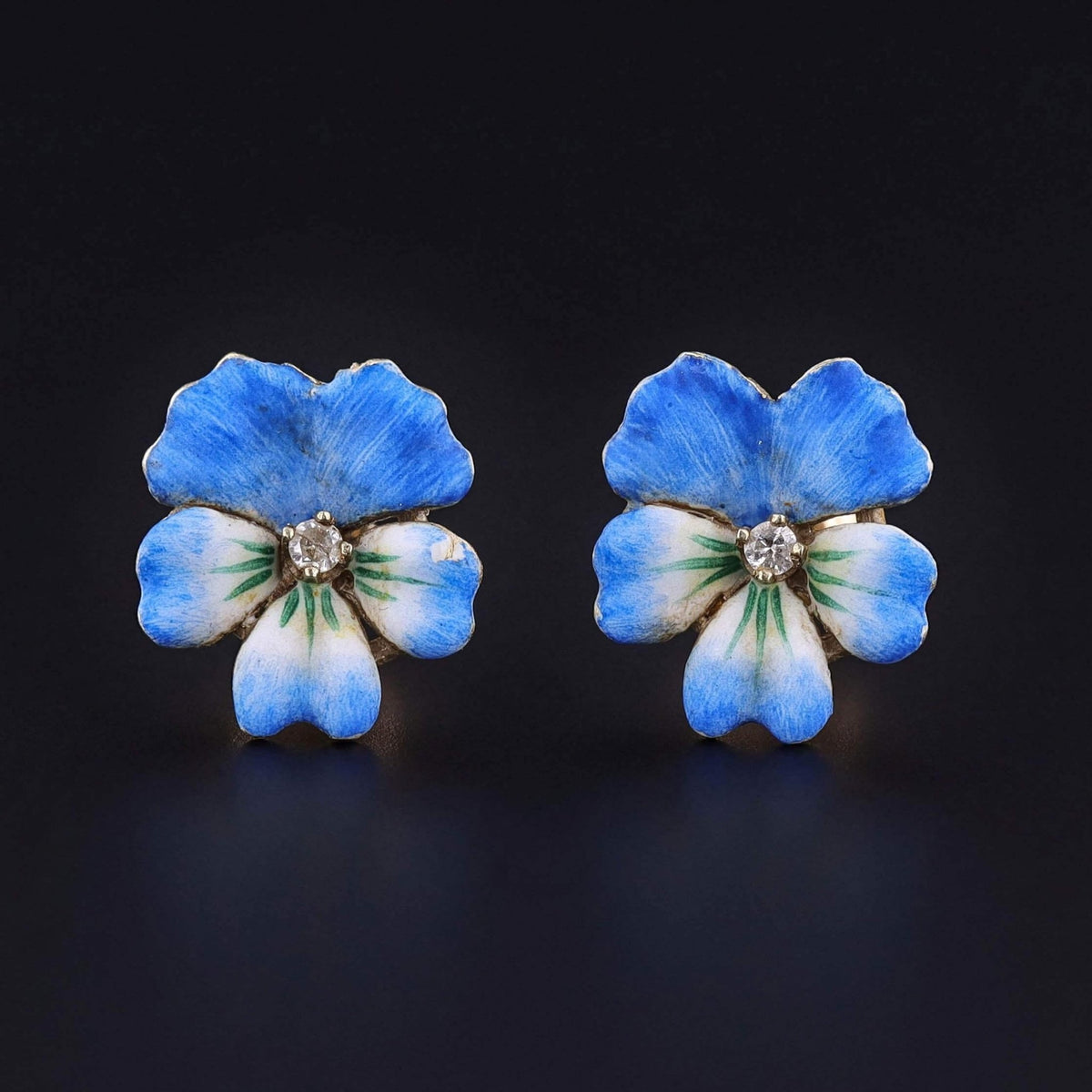 Vintage Blue Enamel Pansy Earrings of 14k Gold - Trademark Antiques