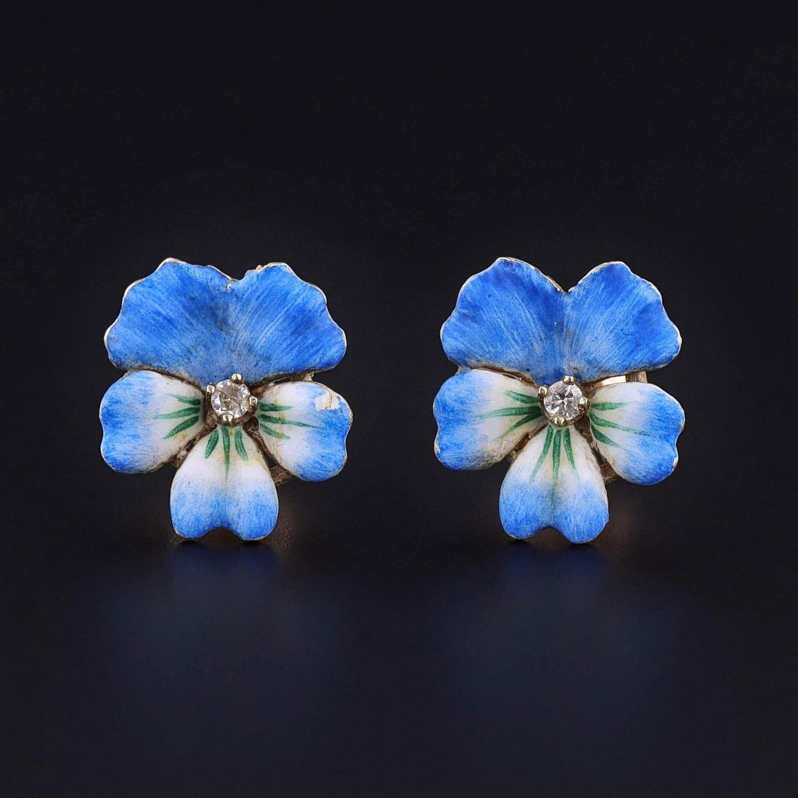 Vintage Blue Enamel Pansy Earrings of 14k Gold - Trademark Antiques