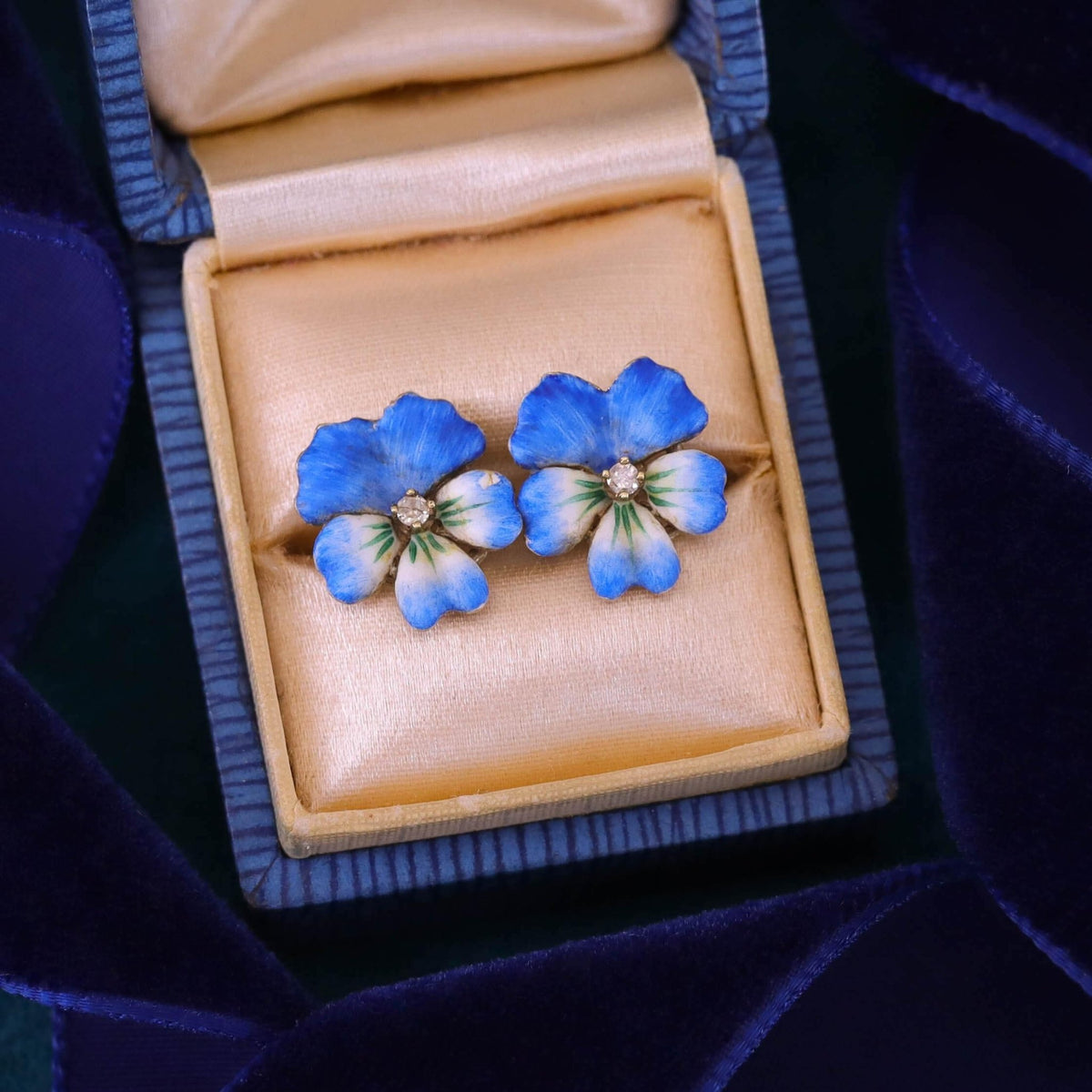 Vintage Blue Enamel Pansy Earrings of 14k Gold - Trademark Antiques