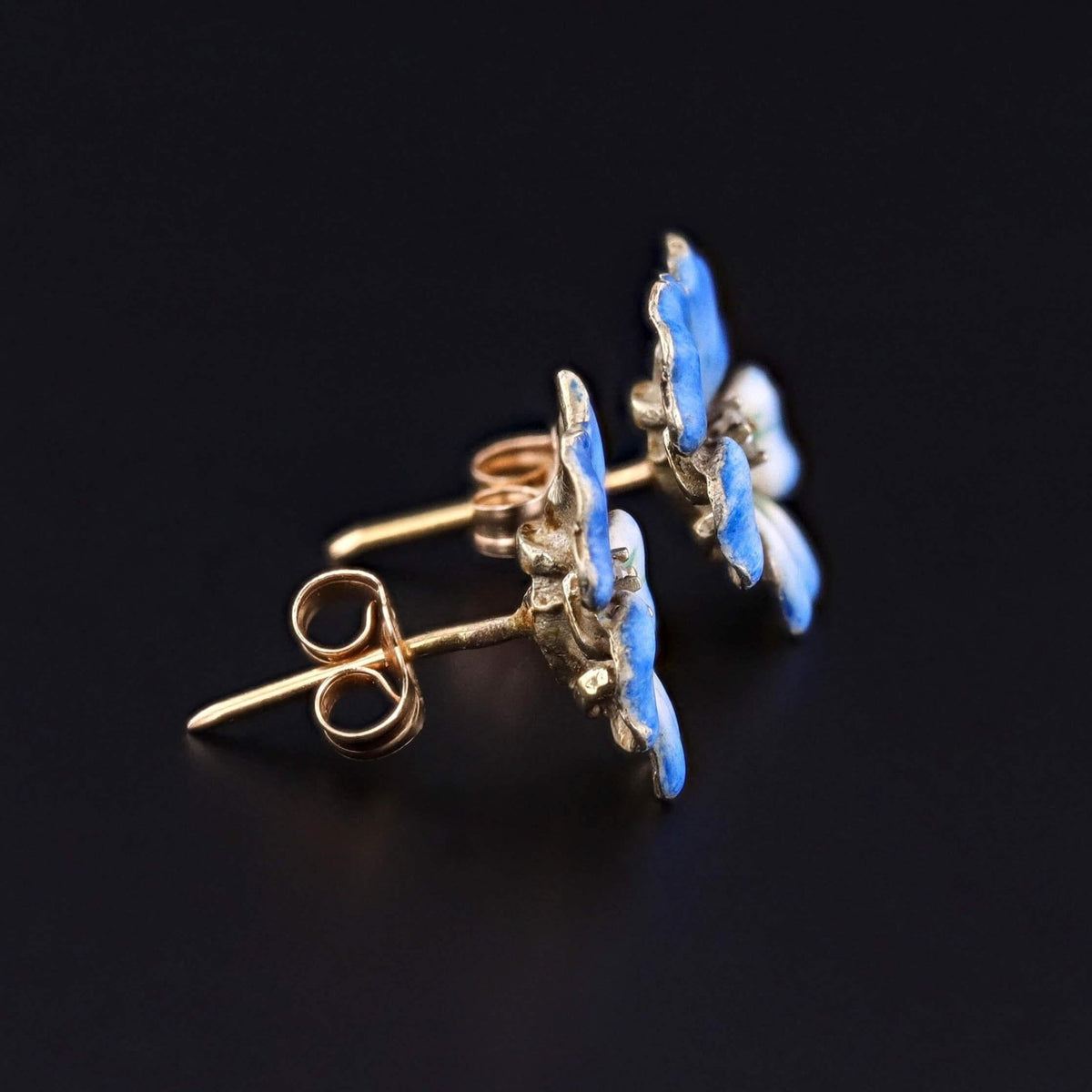 Vintage Blue Enamel Pansy Earrings of 14k Gold - Trademark Antiques