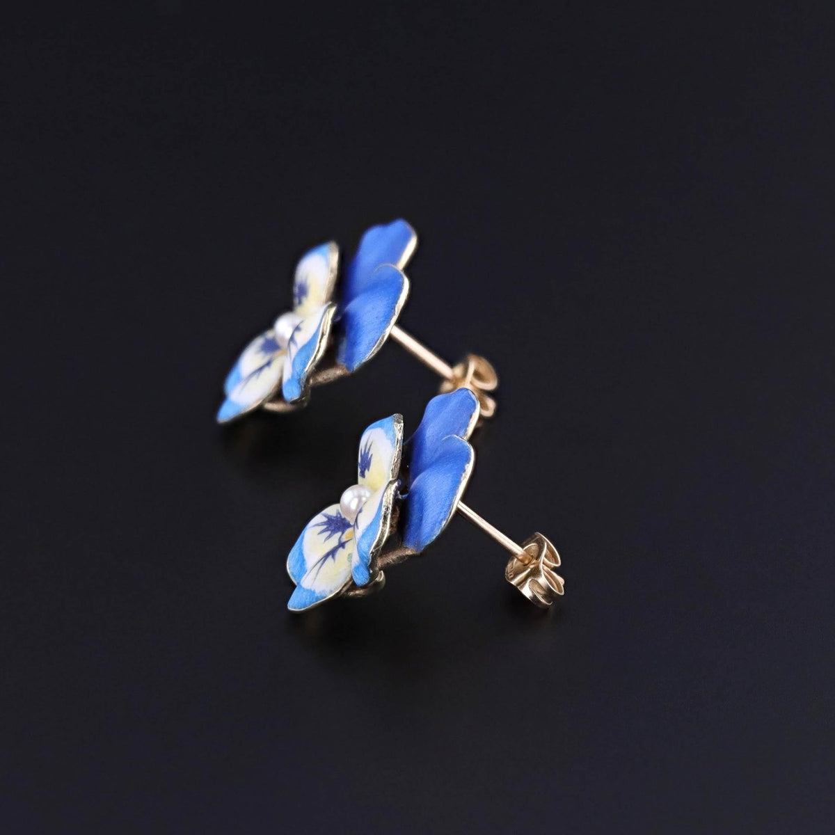 Vintage Blue Enamel Pansy Earrings of 14k Gold - Trademark Antiques