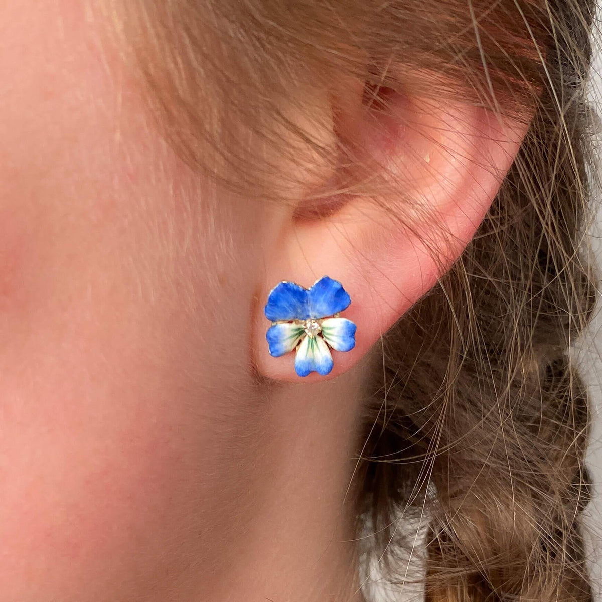 Vintage Blue Enamel Pansy Earrings of 14k Gold - Trademark Antiques