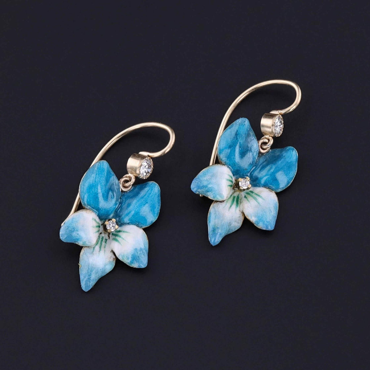 Vintage Blue Enamel Violet Earrings of 14k Gold - Trademark Antiques
