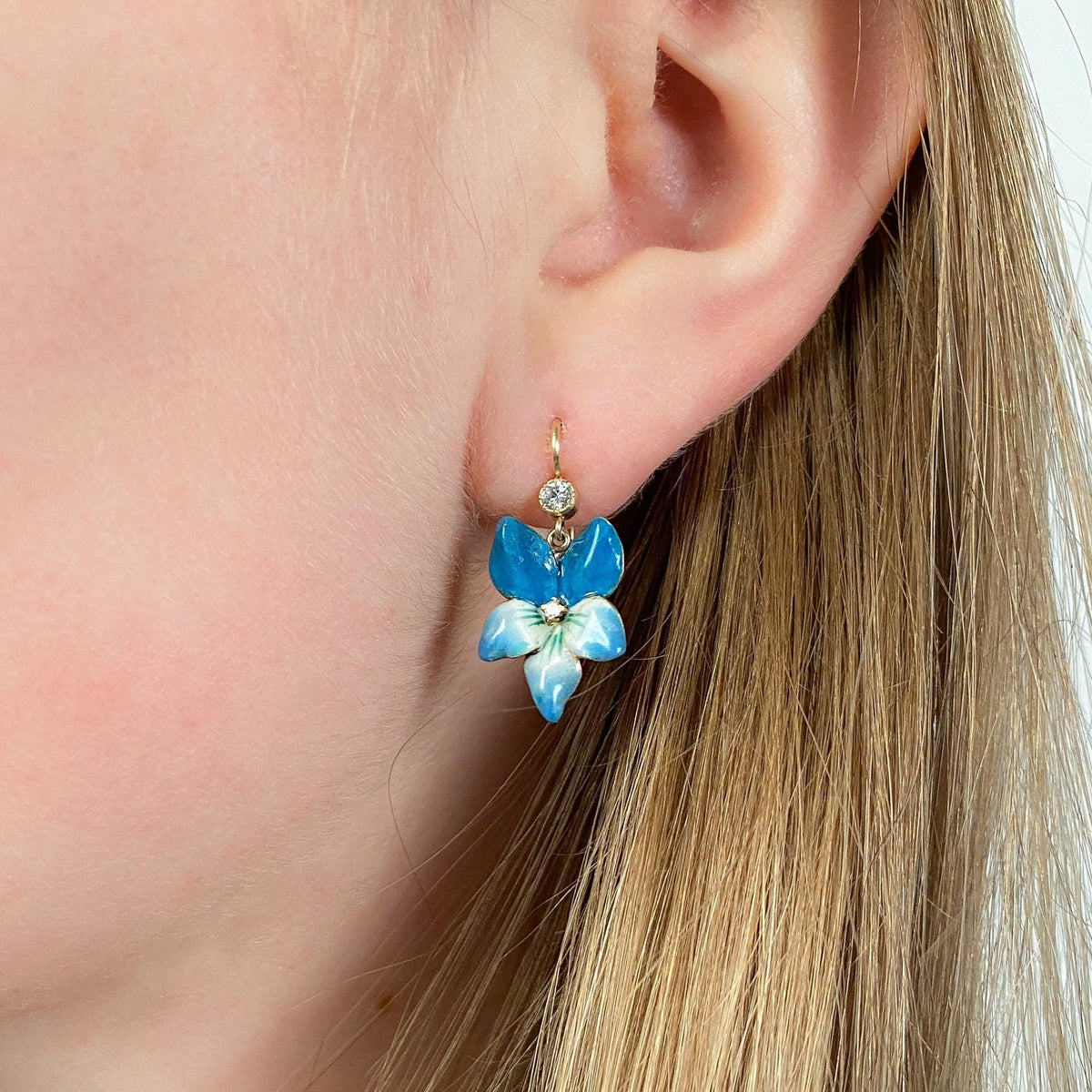 Vintage Blue Enamel Violet Earrings of 14k Gold - Trademark Antiques