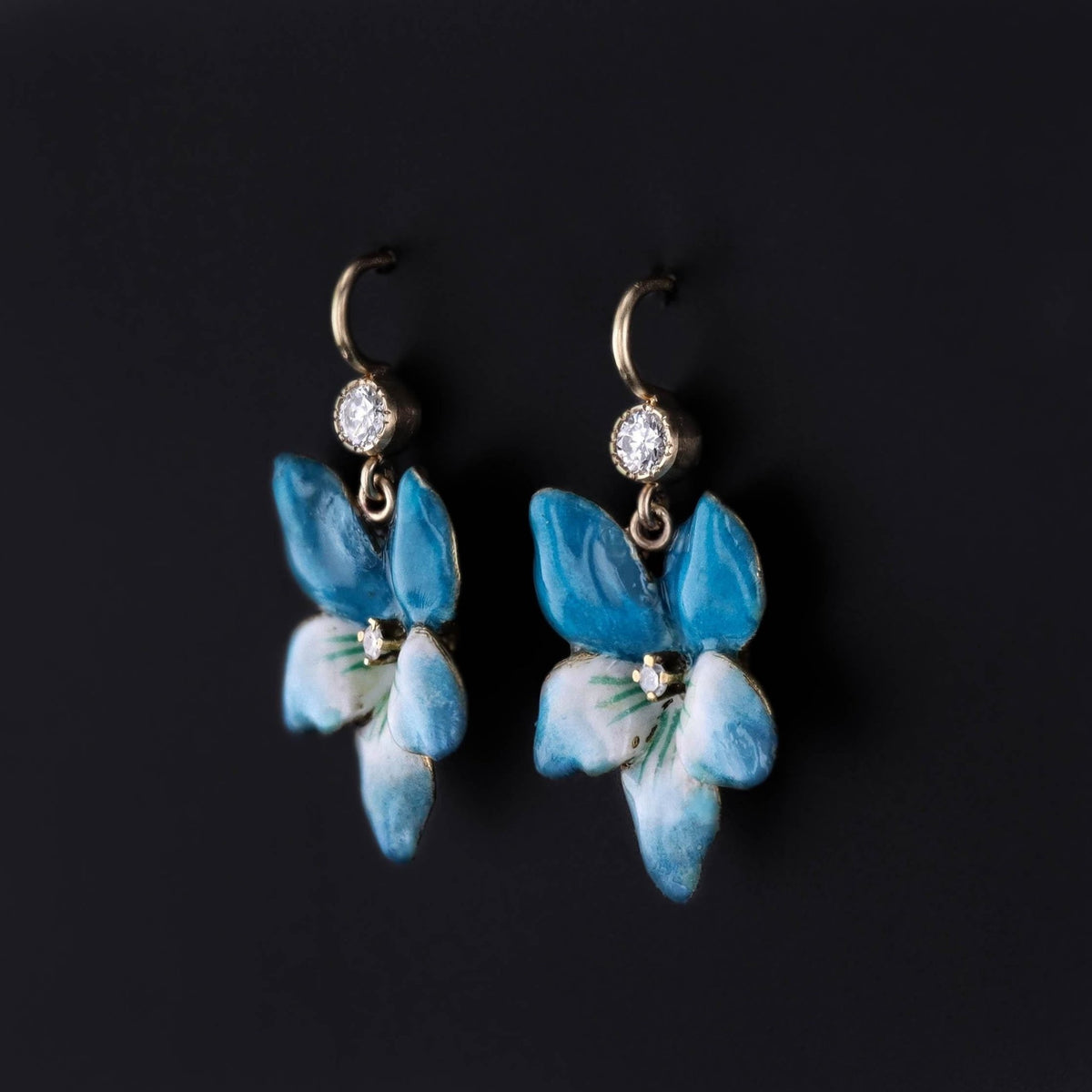 Vintage Blue Enamel Violet Earrings of 14k Gold - Trademark Antiques