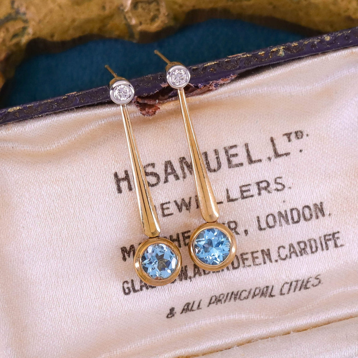Vintage Blue Topaz and Diamond Earrings of 14k Gold - Trademark Antiques