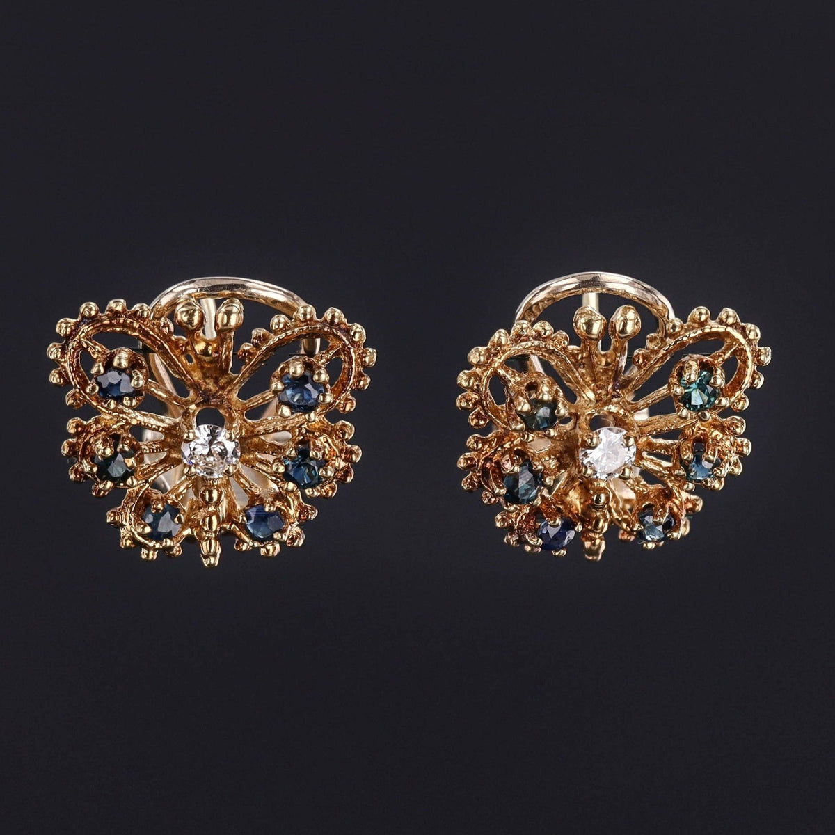 Vintage Butterfly Earrings with Sapphires and Diamonds of 14k Gold - Trademark Antiques