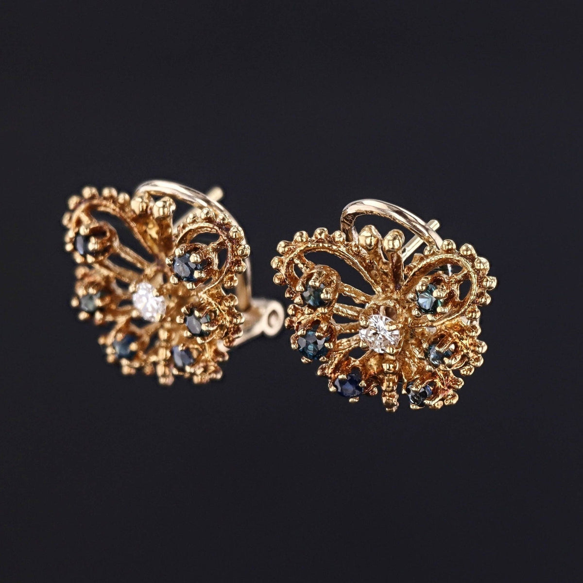 Vintage Butterfly Earrings with Sapphires and Diamonds of 14k Gold - Trademark Antiques