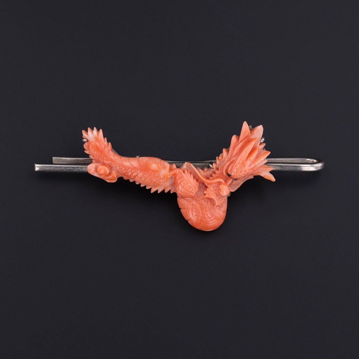 Vintage Carved Coral Dragon Tie Tack of Silver - Trademark Antiques