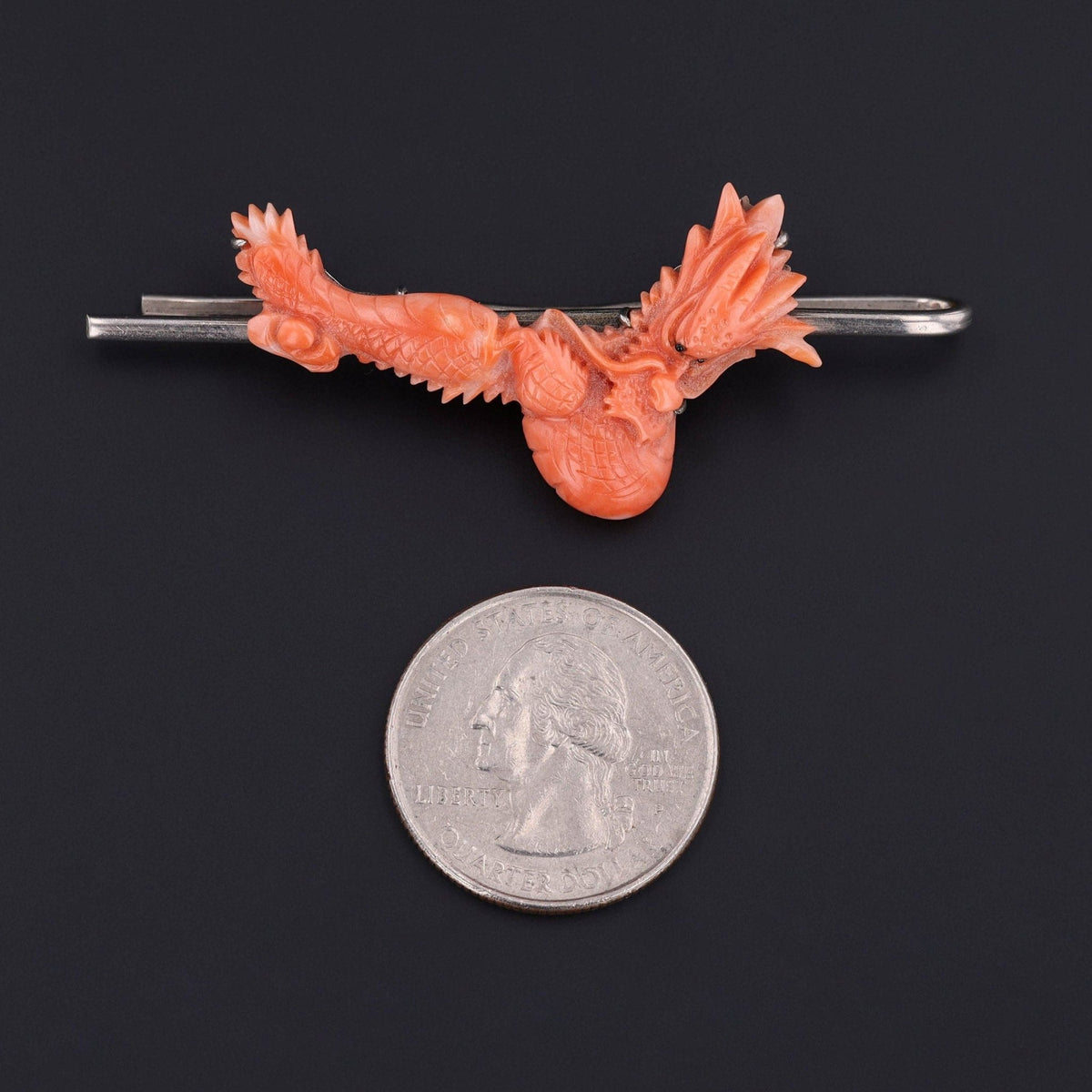 Vintage Carved Coral Dragon Tie Tack of Silver - Trademark Antiques