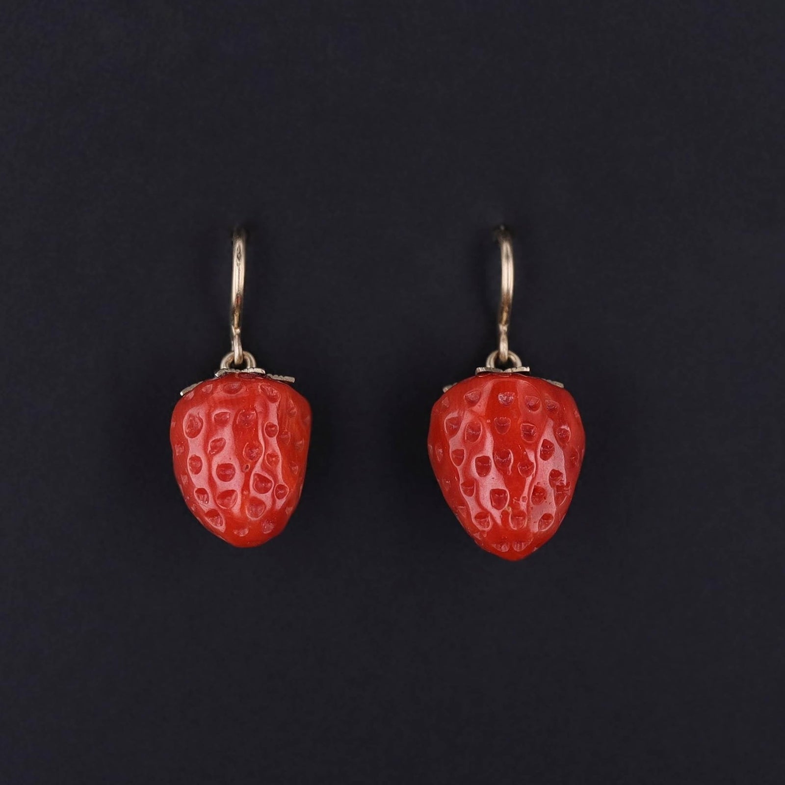 Vintage Carved Coral Stawberry Earrings of 14k Gold - Trademark Antiques