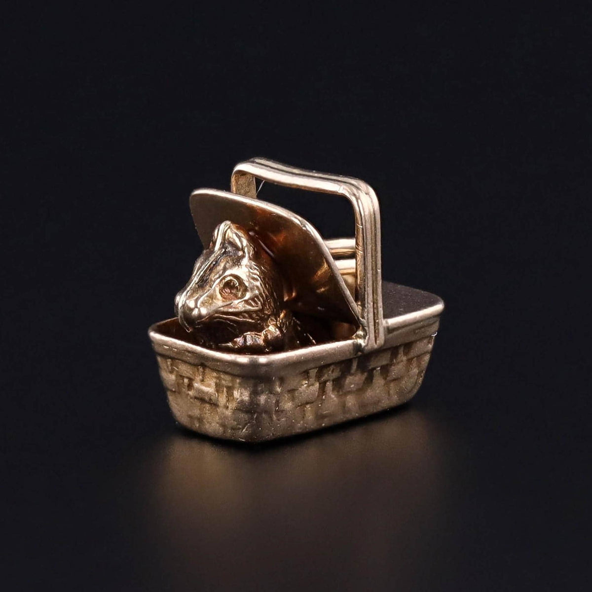 Vintage Cat in a Basket Charm of 14k Gold - Trademark Antiques