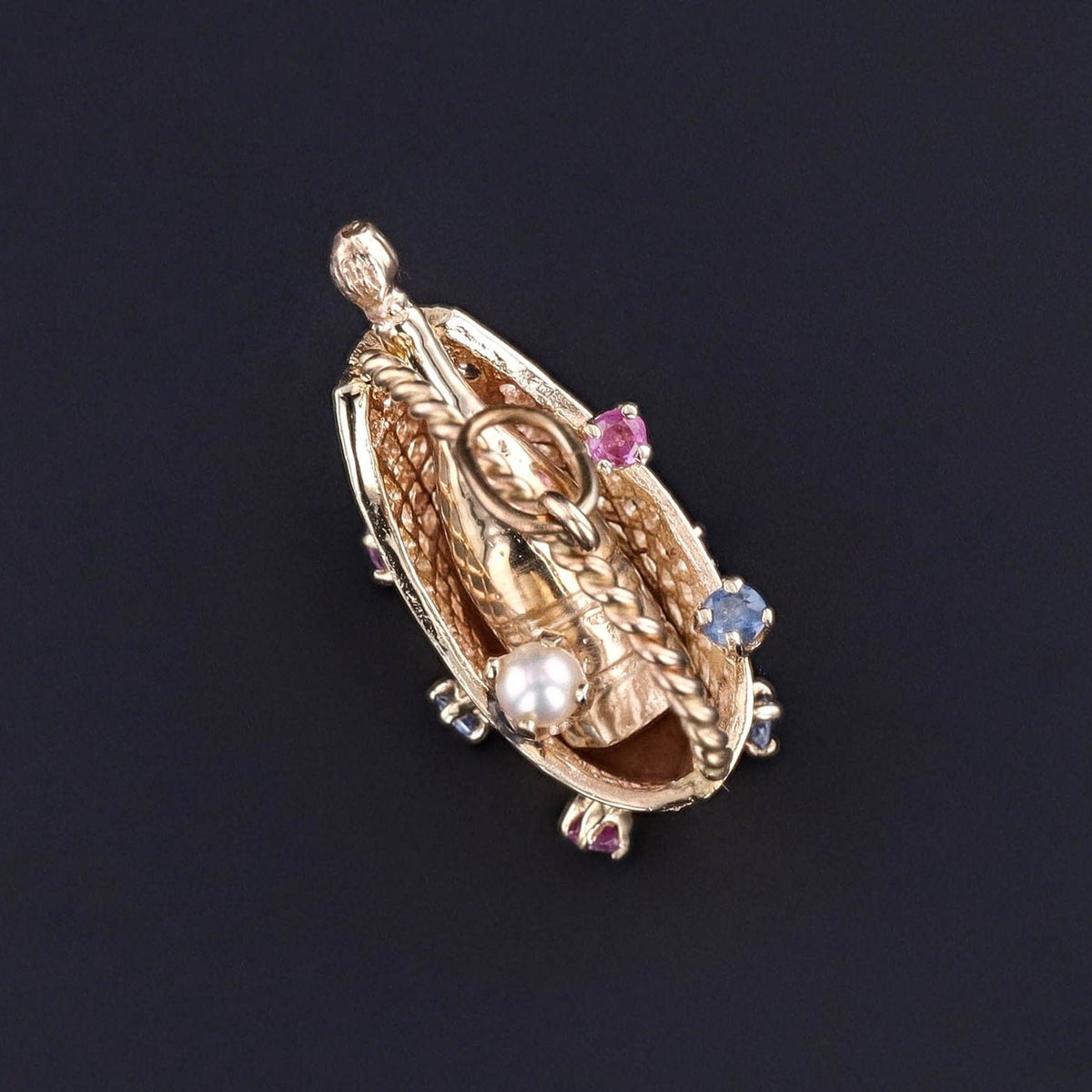 Vintage Champagne Basket Charm of 14k Gold - Trademark Antiques