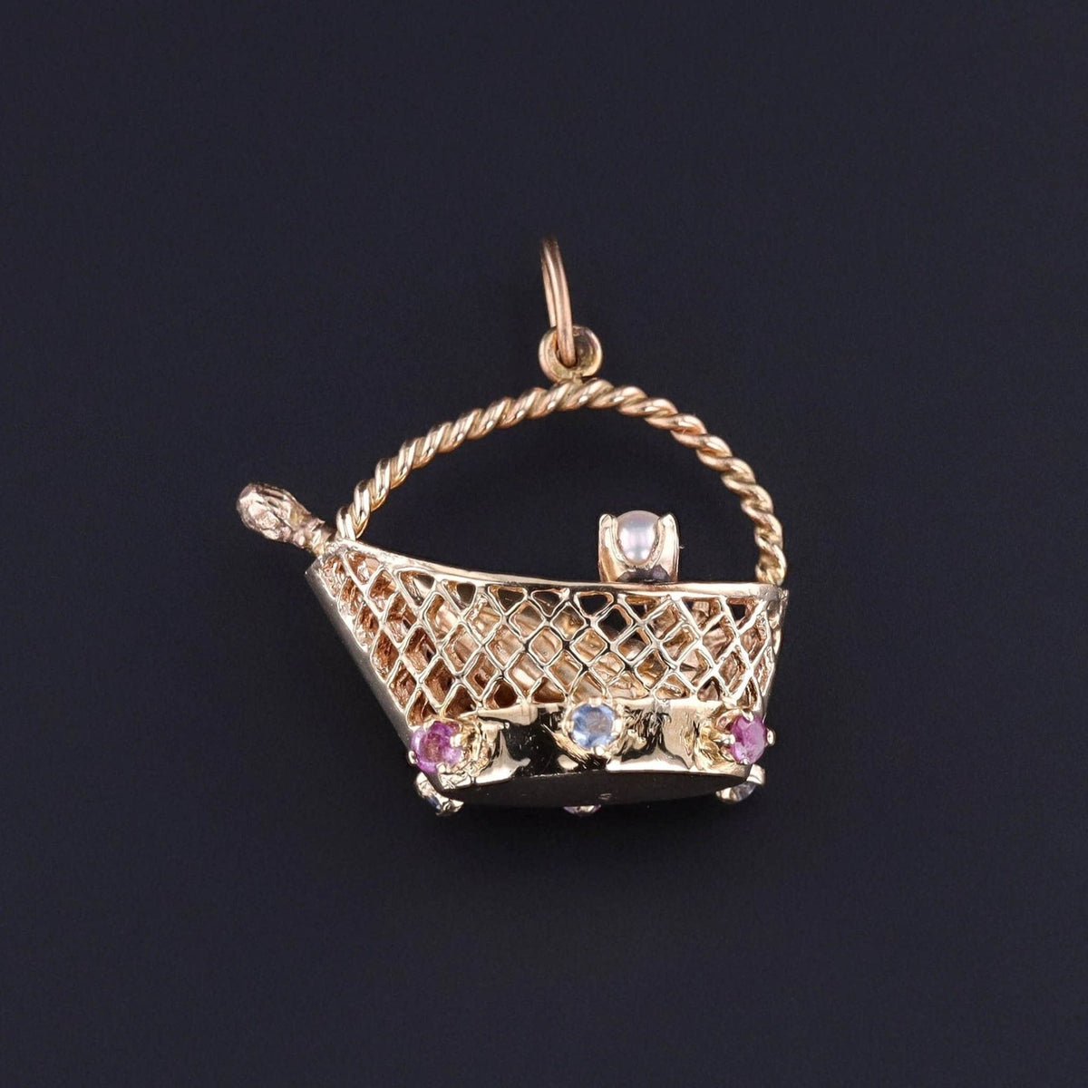 Vintage Champagne Basket Charm of 14k Gold - Trademark Antiques