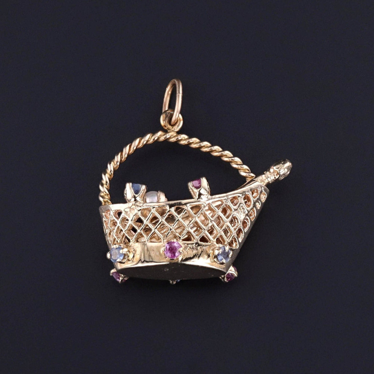 Vintage Champagne Basket Charm of 14k Gold - Trademark Antiques