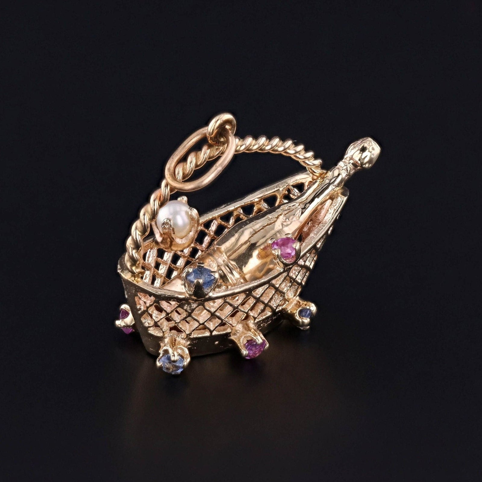 Vintage Champagne Basket Charm of 14k Gold - Trademark Antiques