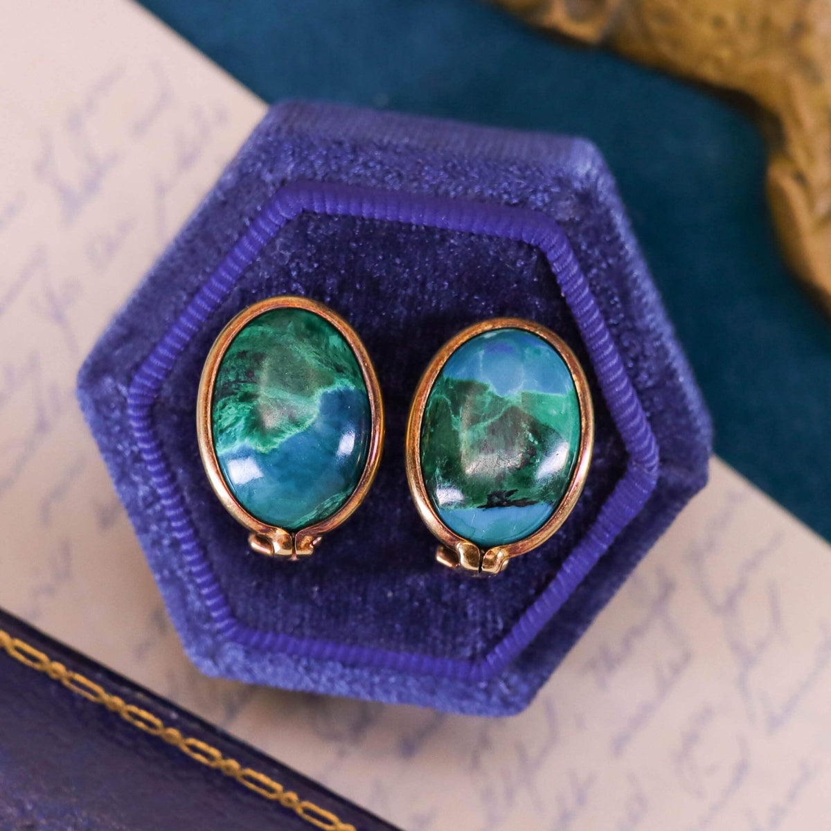 Vintage Chrysocolla Cabochon Earrings of 14k Gold - Trademark Antiques