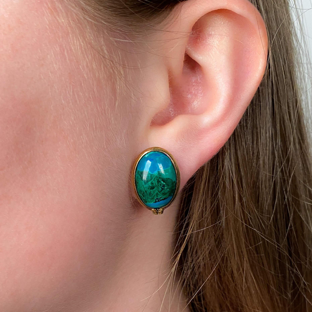 Vintage Chrysocolla Cabochon Earrings of 14k Gold - Trademark Antiques