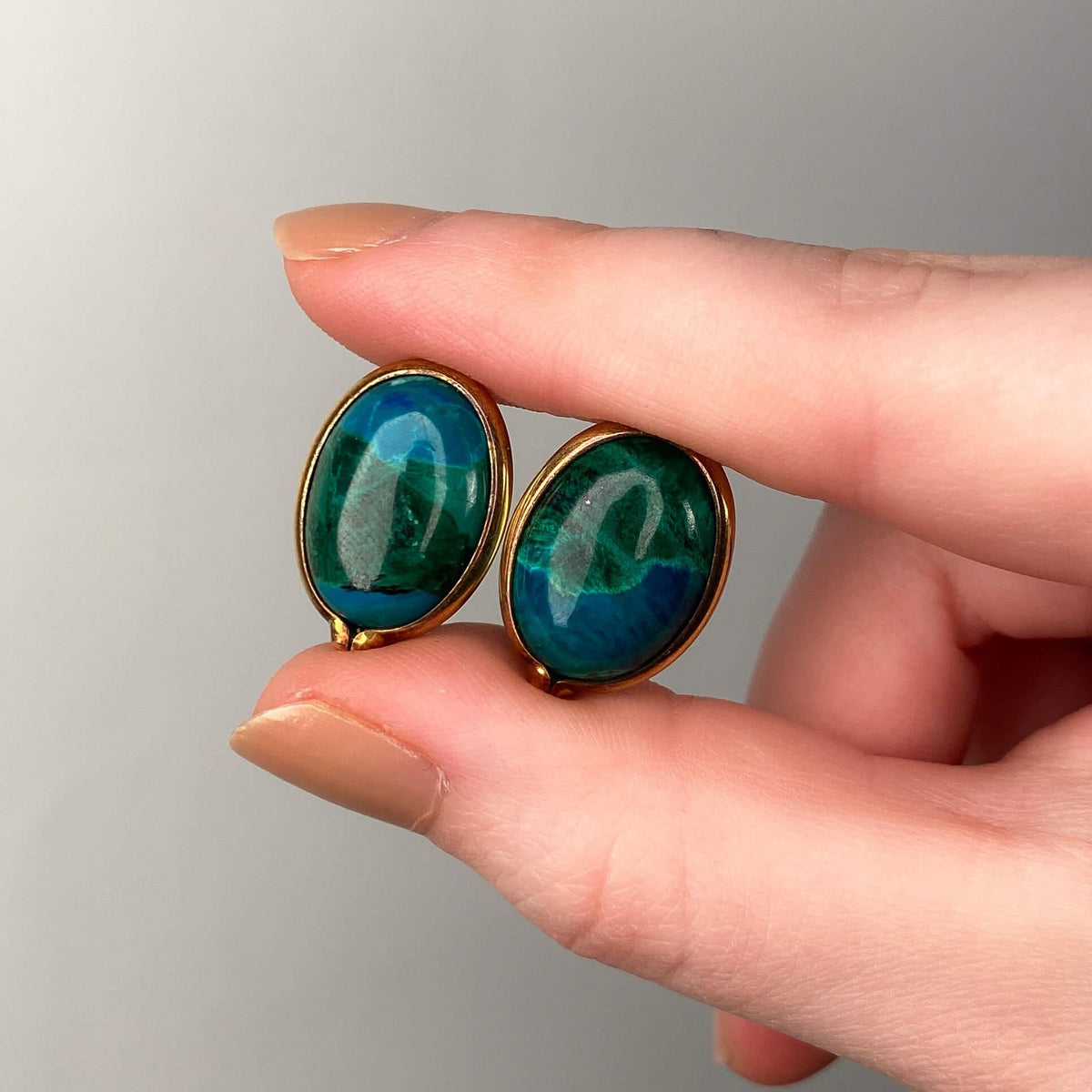 Vintage Chrysocolla Cabochon Earrings of 14k Gold - Trademark Antiques