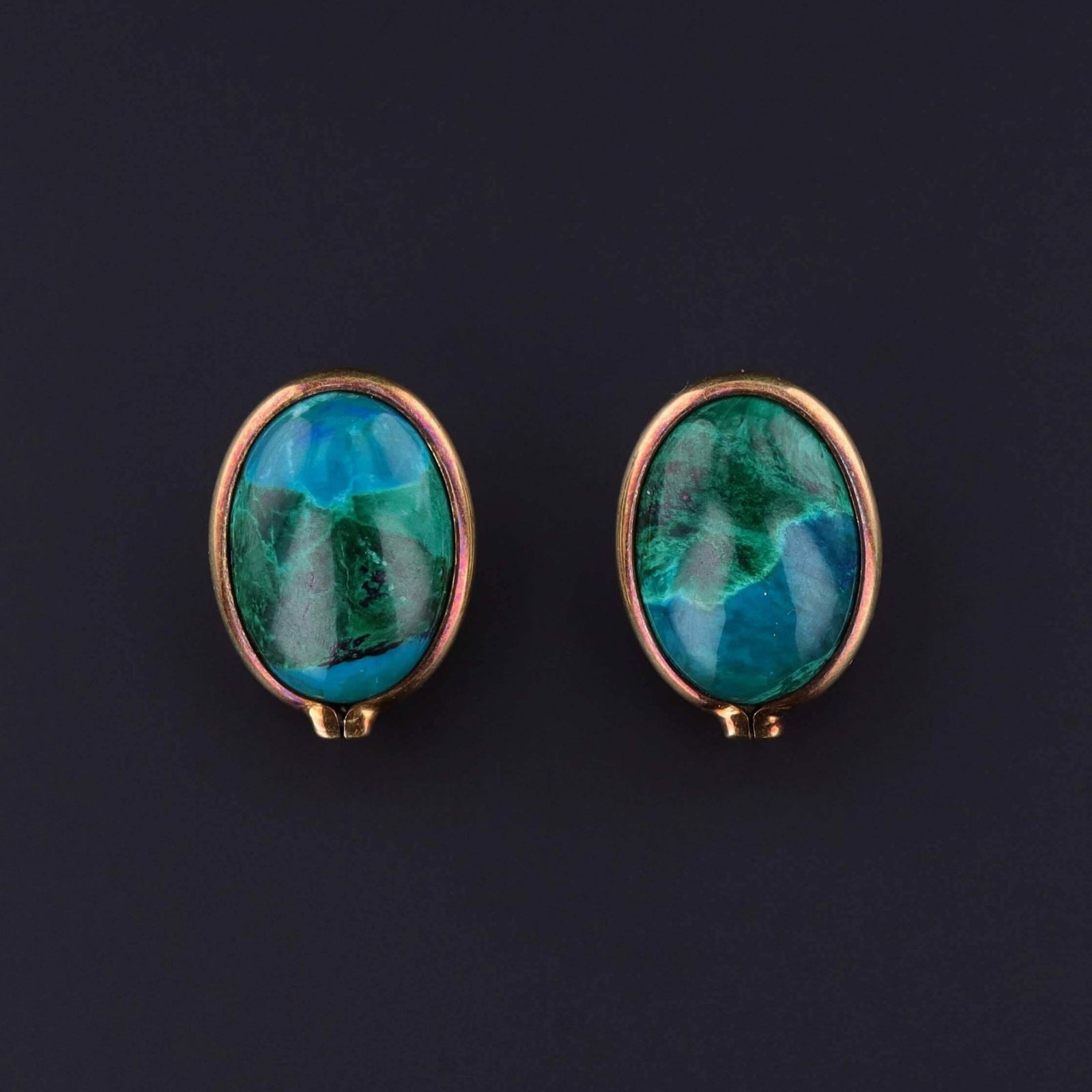 Vintage Chrysocolla Cabochon Earrings of 14k Gold - Trademark Antiques