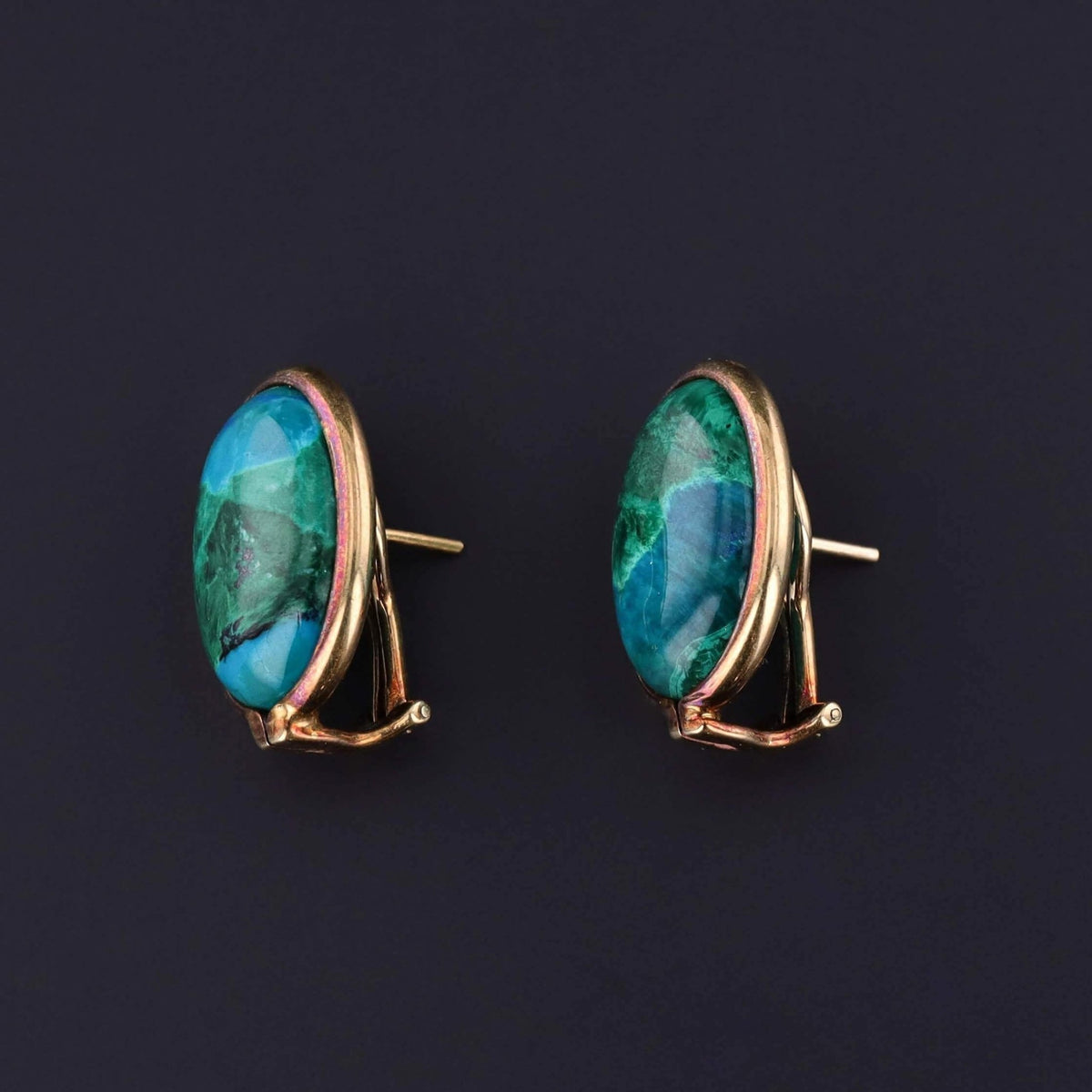 Vintage Chrysocolla Cabochon Earrings of 14k Gold - Trademark Antiques