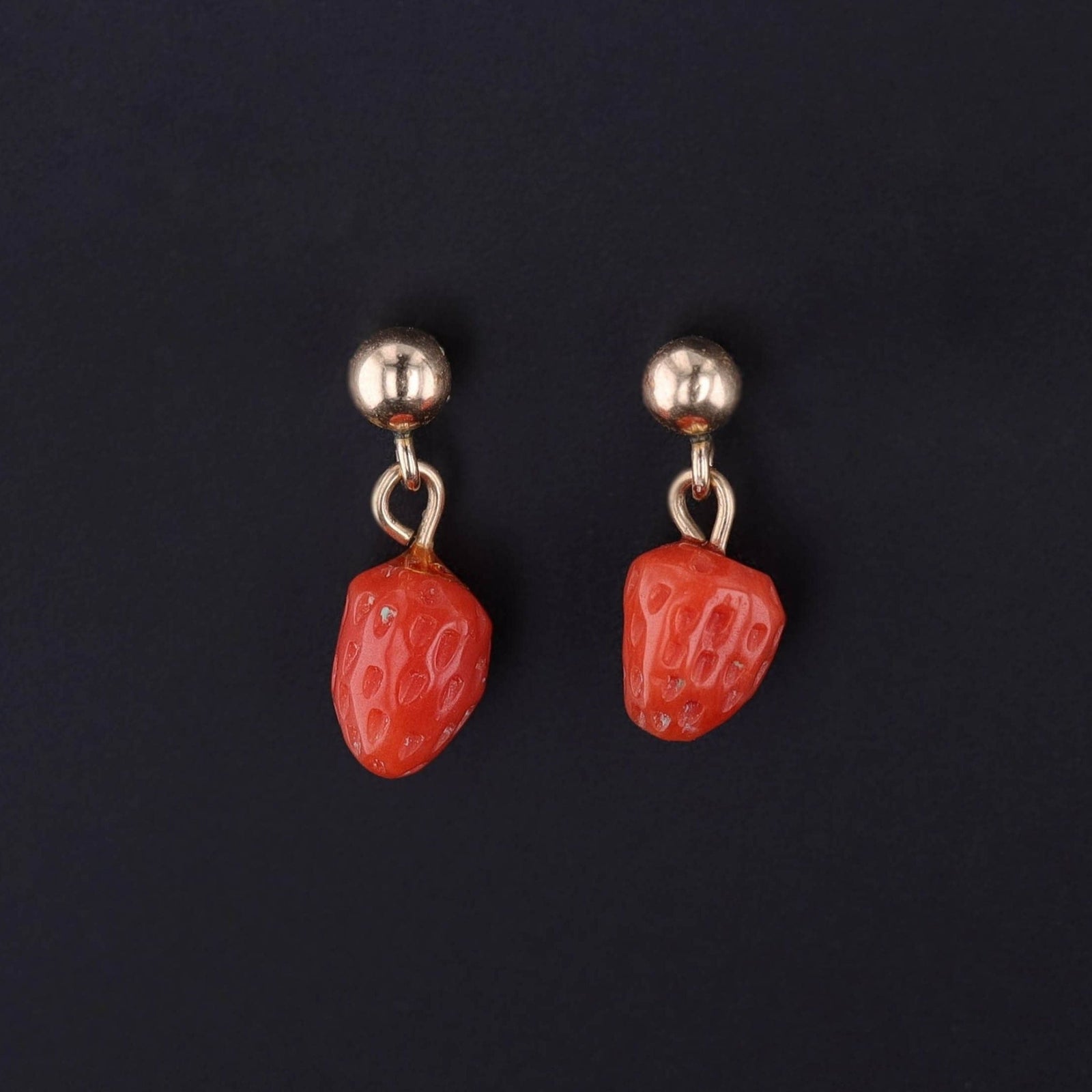 Vintage Coral Strawberry Earrings of 14k Gold - Trademark Antiques
