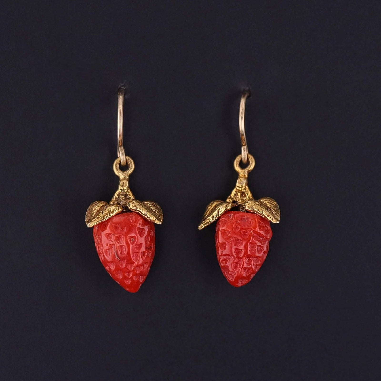 Vintage Coral Strawberry Earrings of 14k Gold - Trademark Antiques