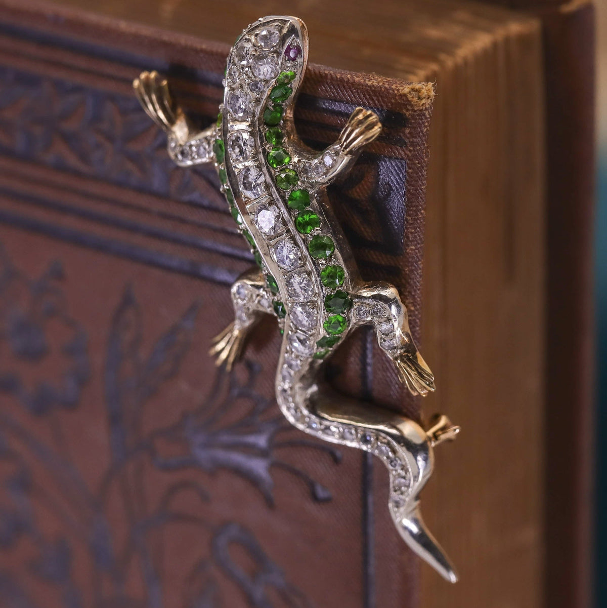 Vintage Diamond and Demantoid Garnet Lizard Brooch of 14k Gold - Trademark Antiques