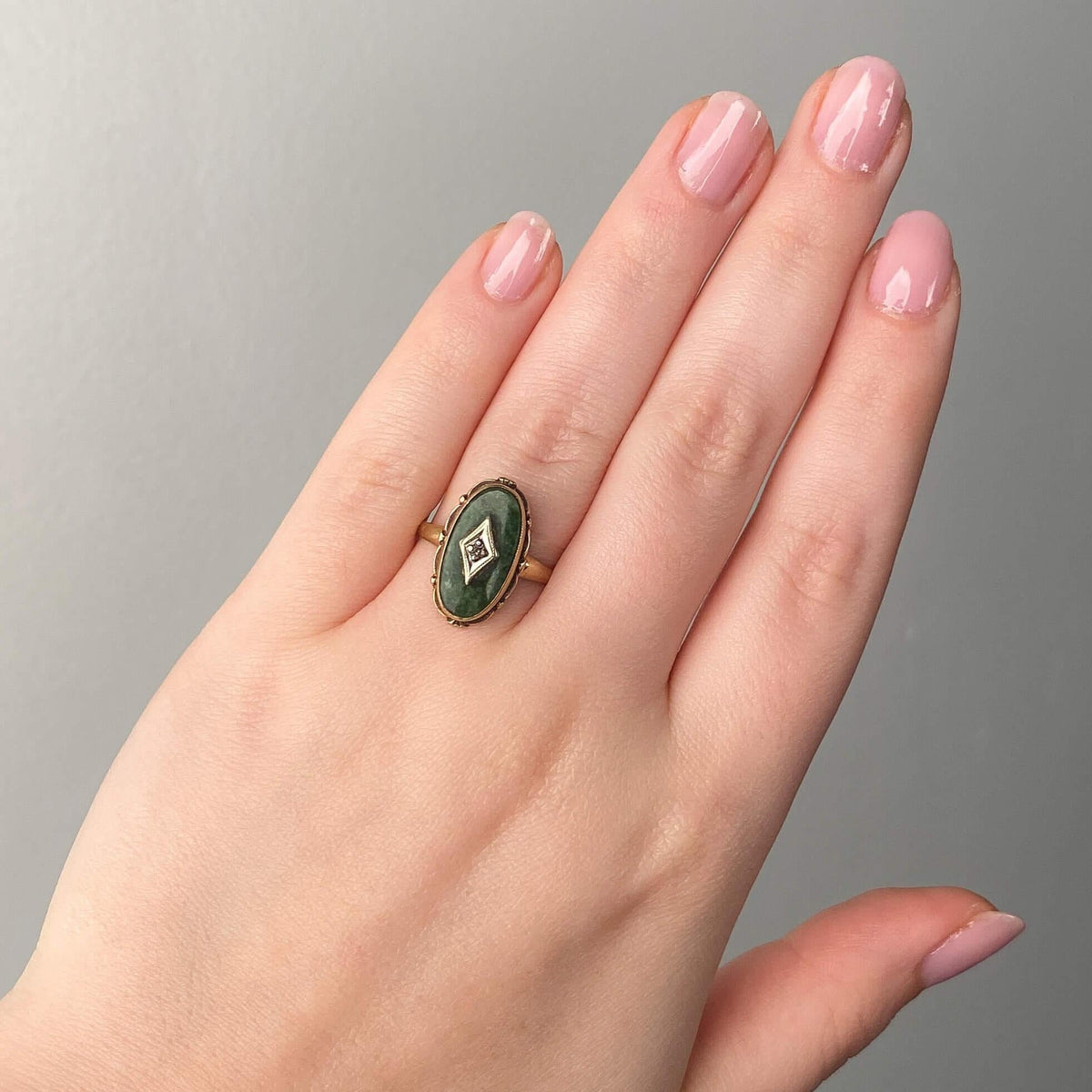 Vintage Diamond and Green Chalcedony Ring of 10k Gold - Trademark Antiques