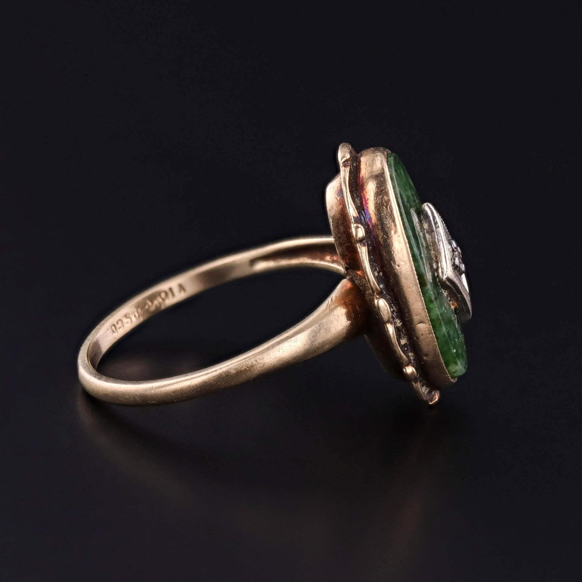 Vintage Diamond and Green Chalcedony Ring of 10k Gold - Trademark Antiques