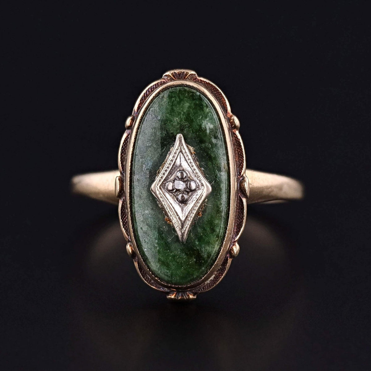 Vintage Diamond and Green Chalcedony Ring of 10k Gold - Trademark Antiques
