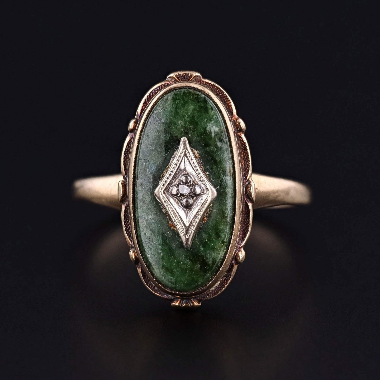 Vintage Diamond and Green Chalcedony Ring of 10k Gold - Trademark Antiques