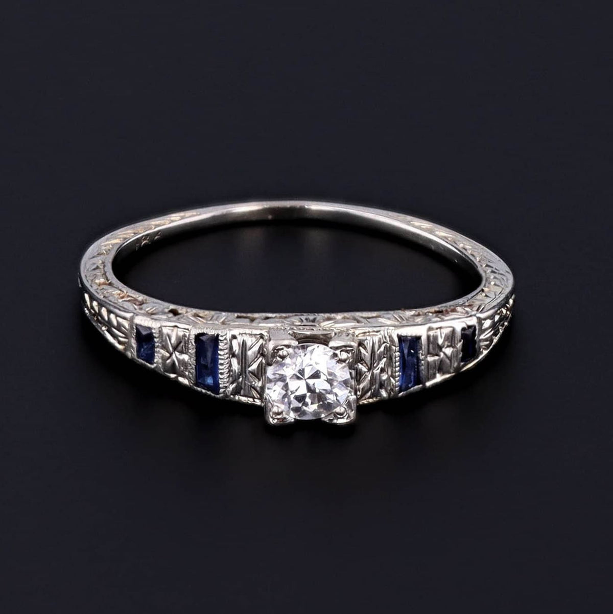 Vintage Diamond and Synthetic Sapphire Engagement Ring of 18k White Gold - Trademark Antiques