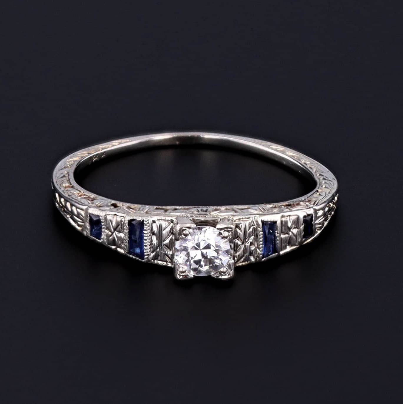 Vintage Diamond and Synthetic Sapphire Engagement Ring of 18k White Gold - Trademark Antiques