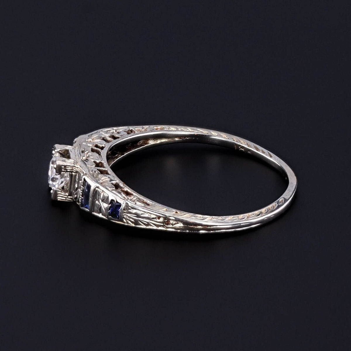 Vintage Diamond and Synthetic Sapphire Engagement Ring of 18k White Gold - Trademark Antiques