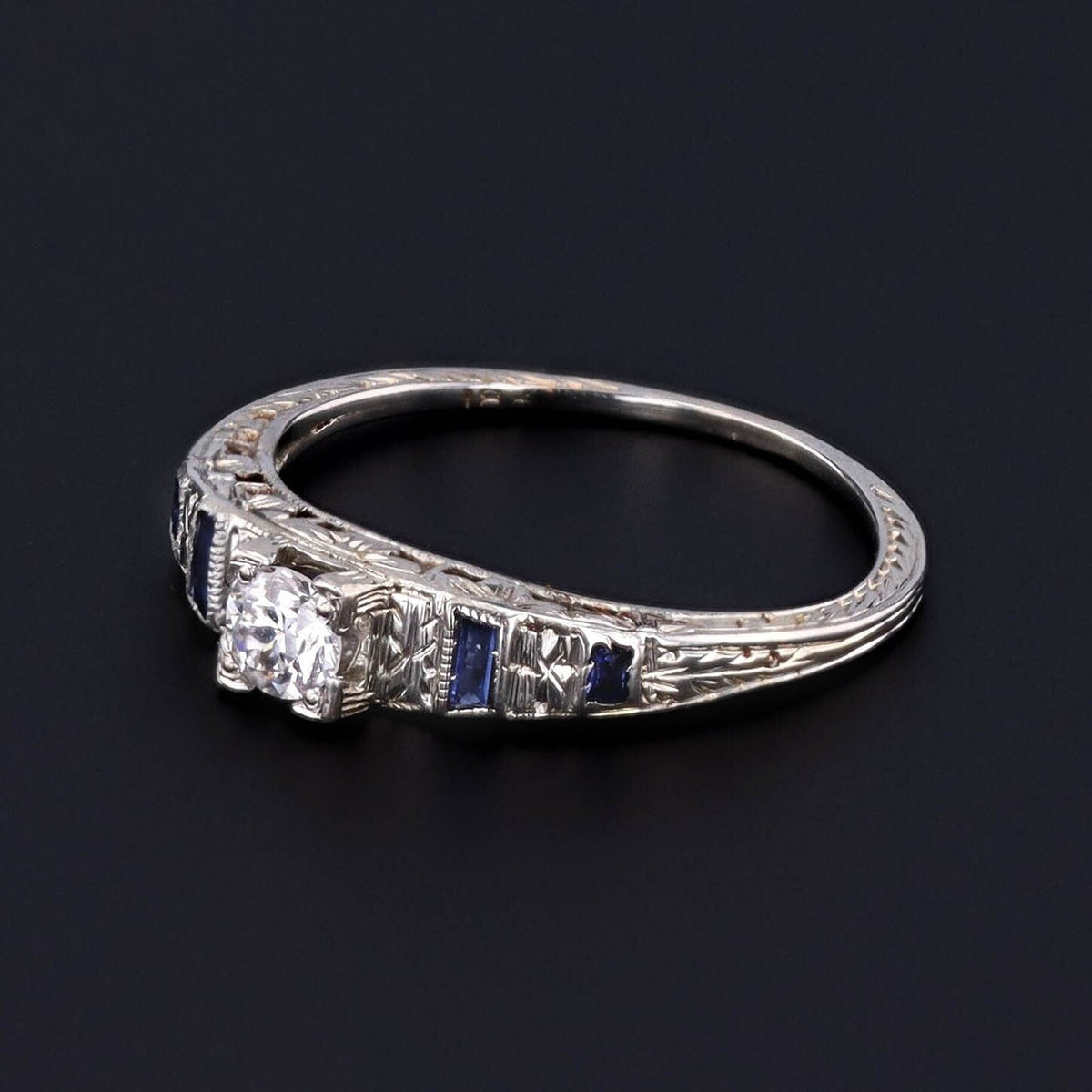 Vintage Diamond and Synthetic Sapphire Engagement Ring of 18k White Gold - Trademark Antiques