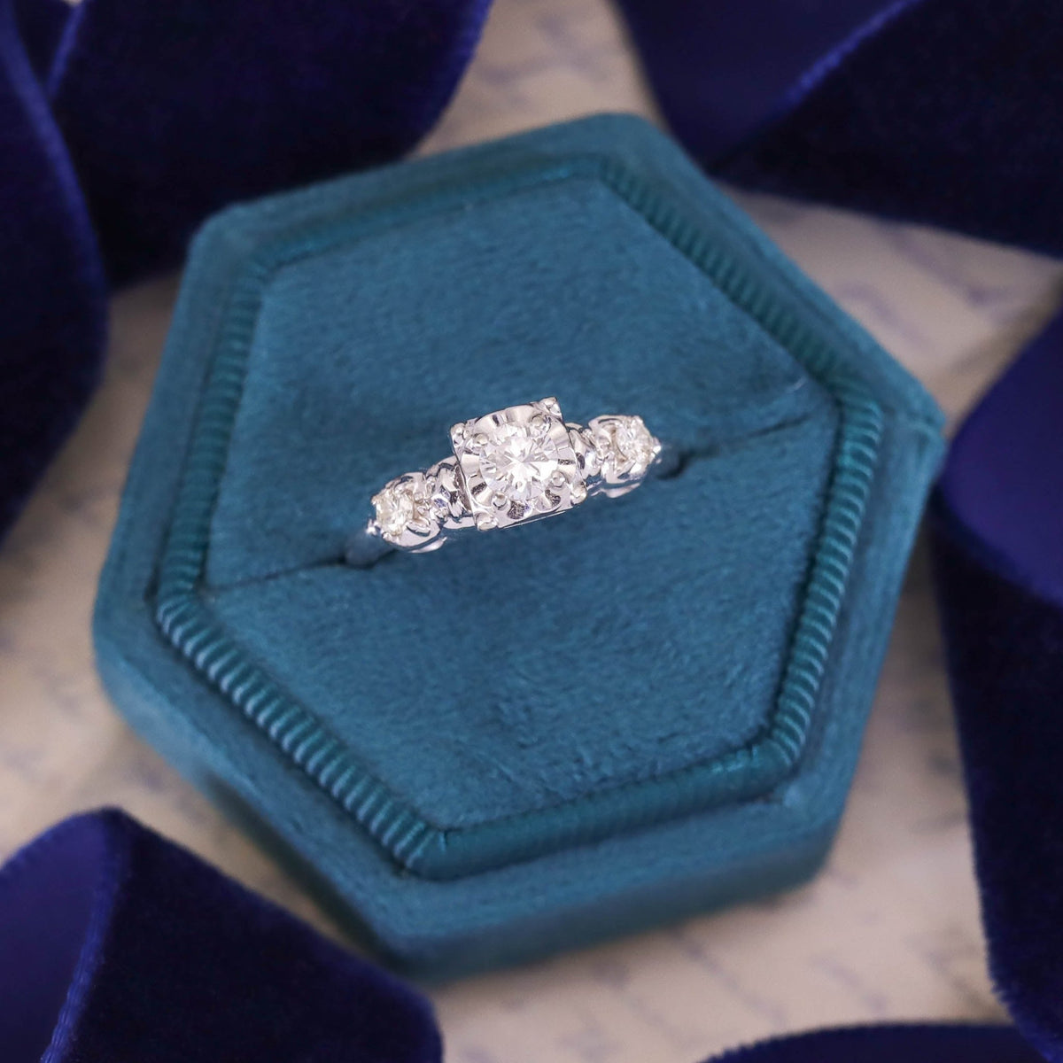 Vintage Diamond Engagement Ring of 14k White Gold - Trademark Antiques