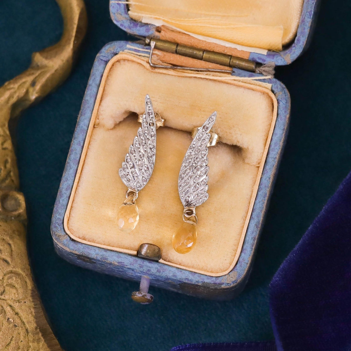 Vintage Diamond Wing Earrings of Platinum and 15k Gold with Citrine - Trademark Antiques