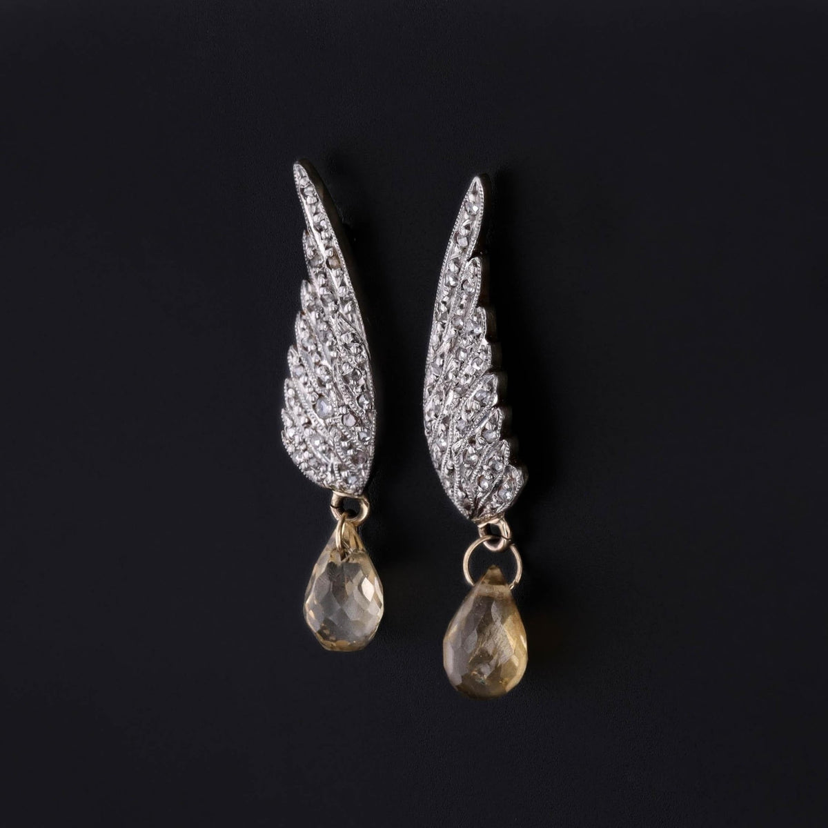 Vintage Diamond Wing Earrings of Platinum and 15k Gold with Citrine - Trademark Antiques