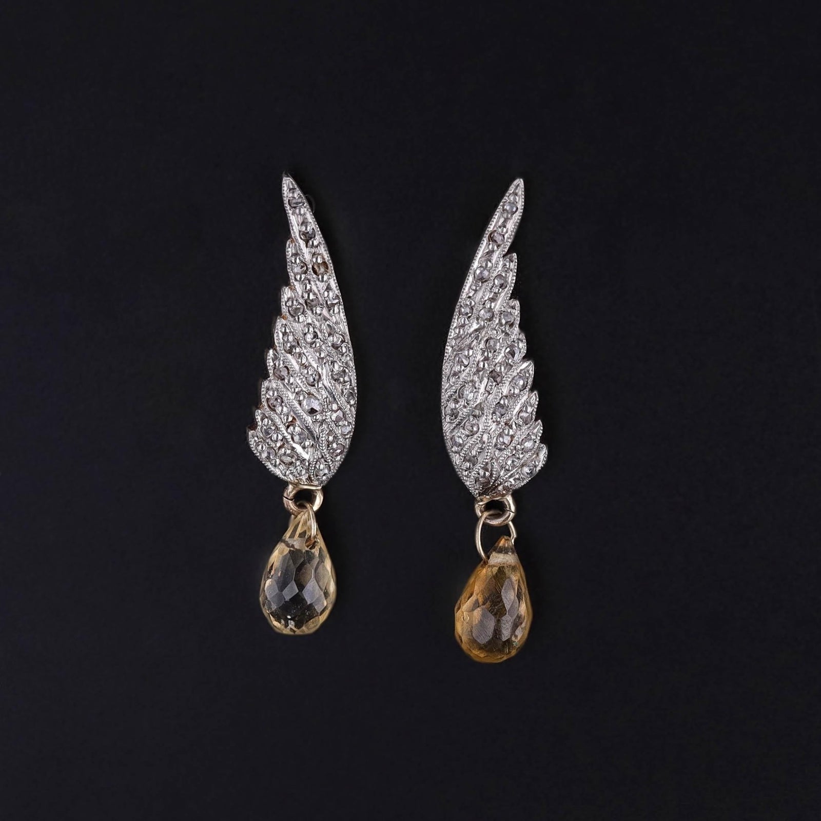 Vintage Diamond Wing Earrings of Platinum and 15k Gold with Citrine - Trademark Antiques