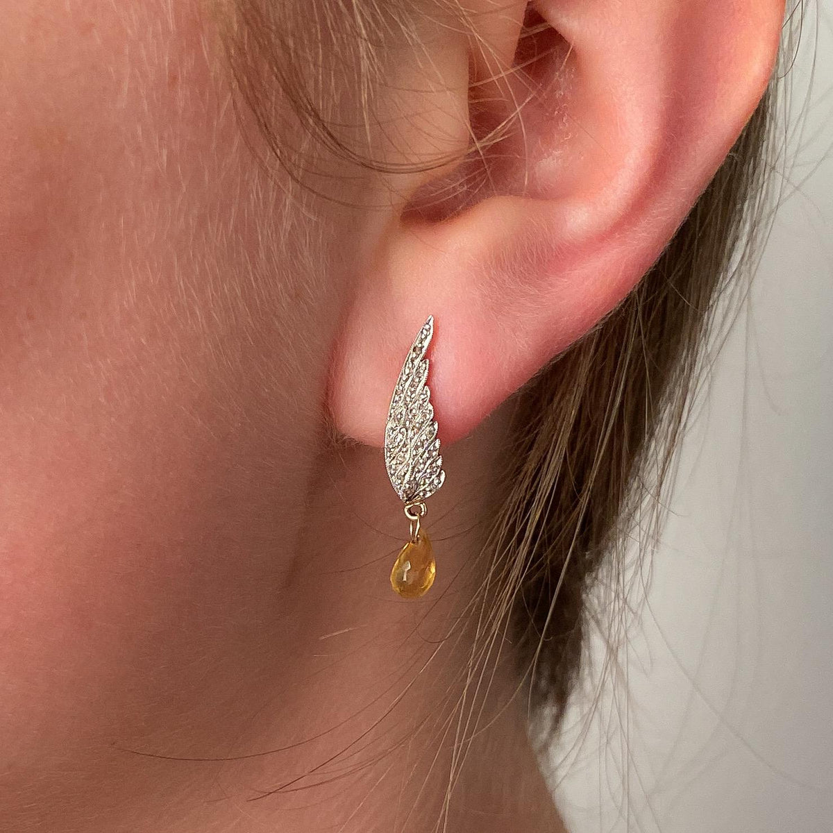 Vintage Diamond Wing Earrings of Platinum and 15k Gold with Citrine - Trademark Antiques
