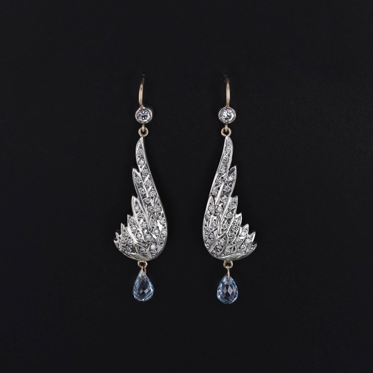 Vintage Diamond Wing Earrings with Blue Topaz Briolettes - Trademark Antiques