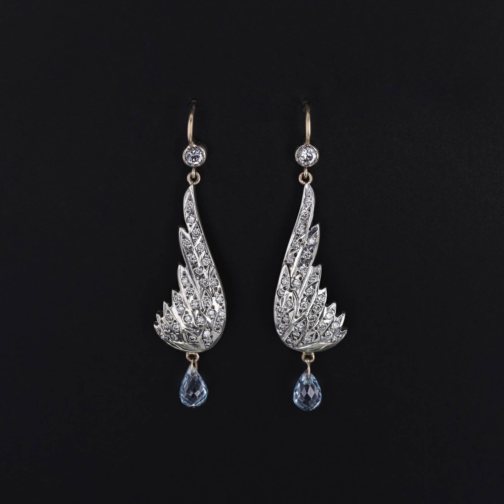 Vintage Diamond Wing Earrings with Blue Topaz Briolettes - Trademark Antiques