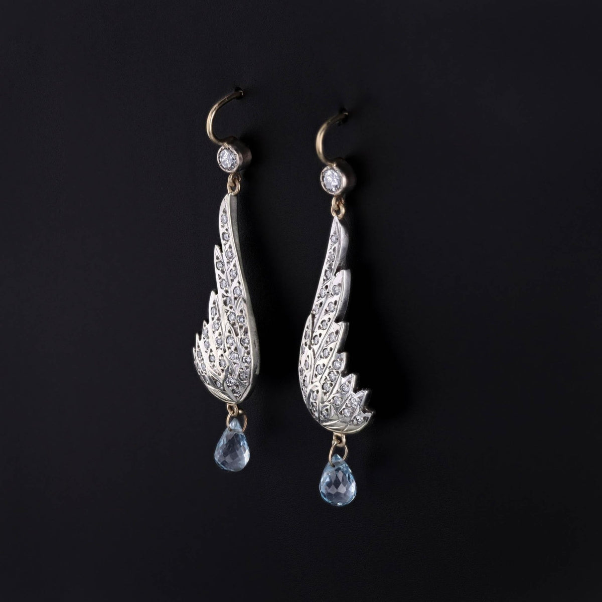 Vintage Diamond Wing Earrings with Blue Topaz Briolettes - Trademark Antiques