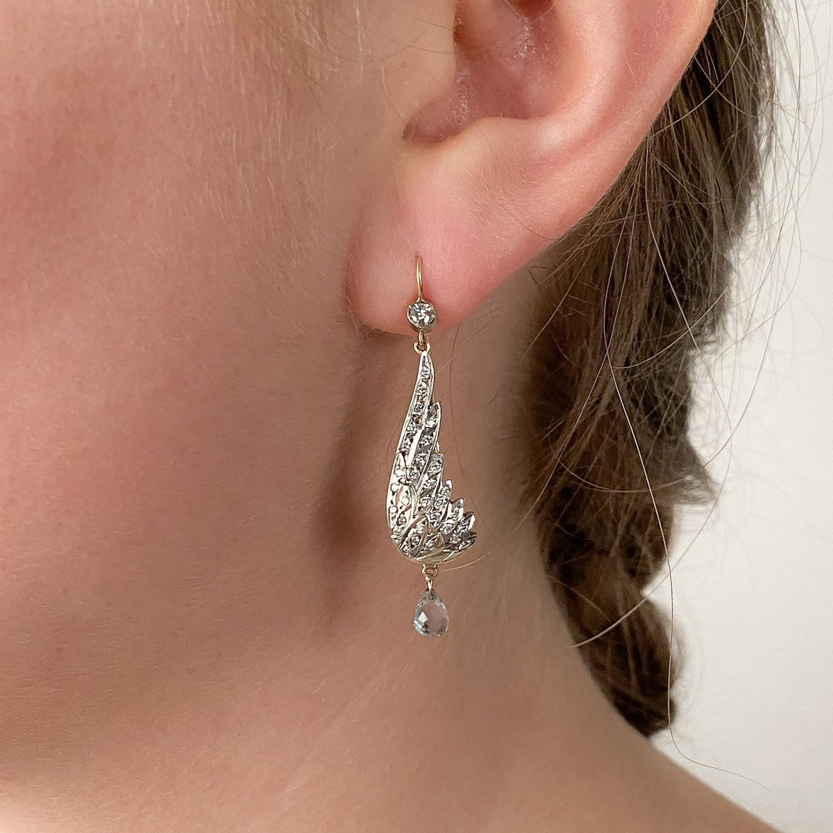 Vintage Diamond Wing Earrings with Blue Topaz Briolettes - Trademark Antiques